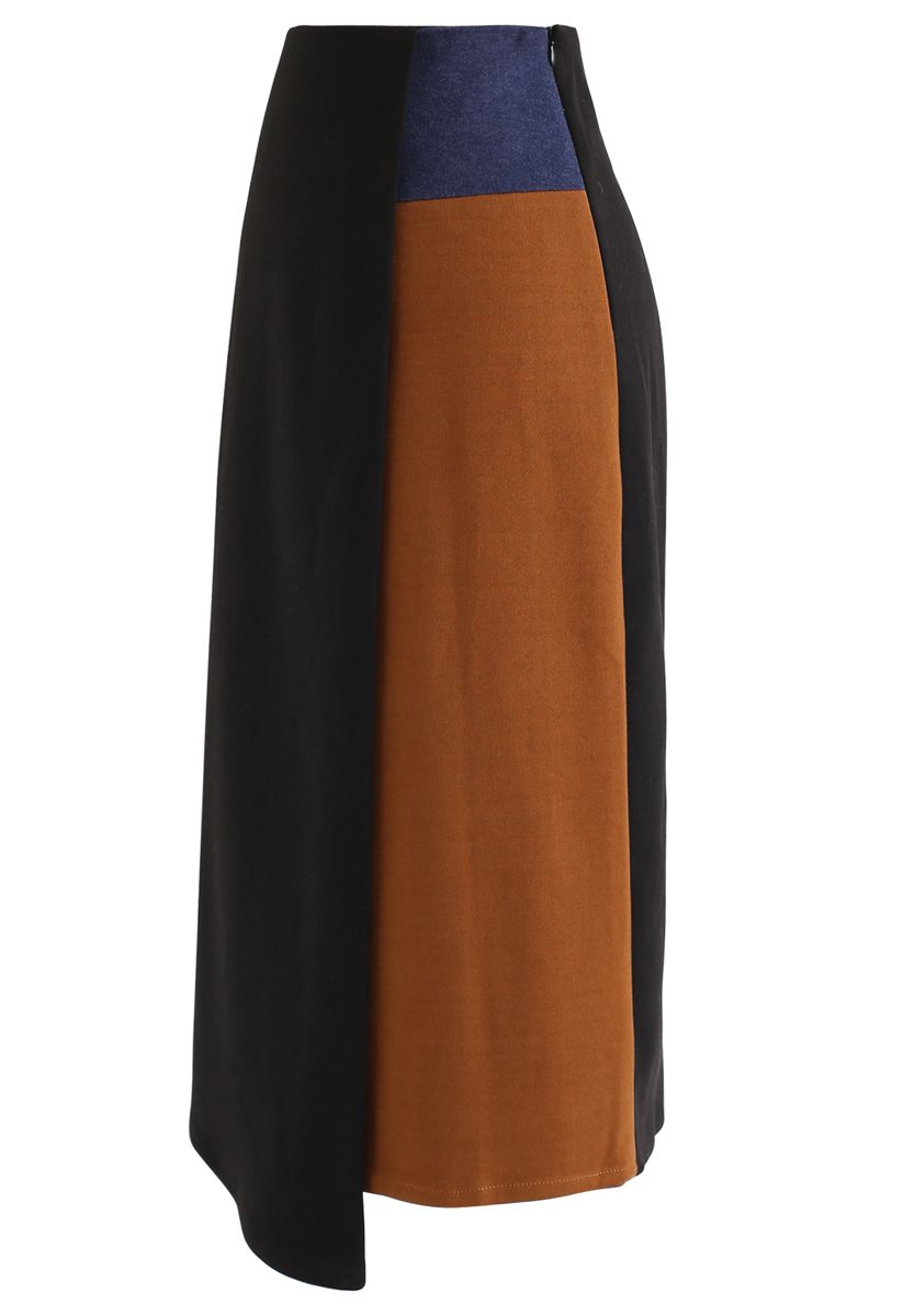 Flap Front Spliced Midi Skirt