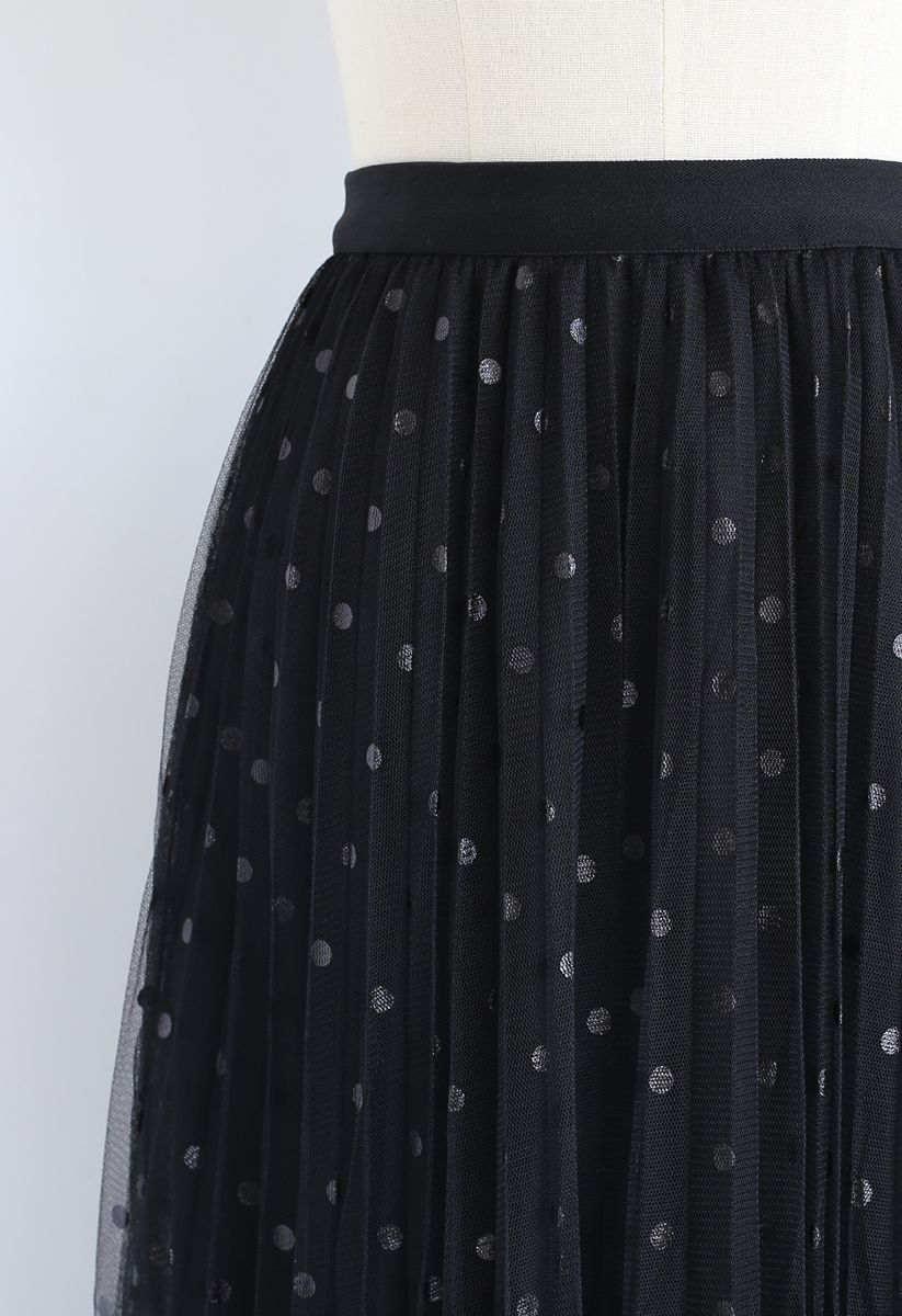 Polka Dot Double-Layered Mesh Tulle Skirt in Black