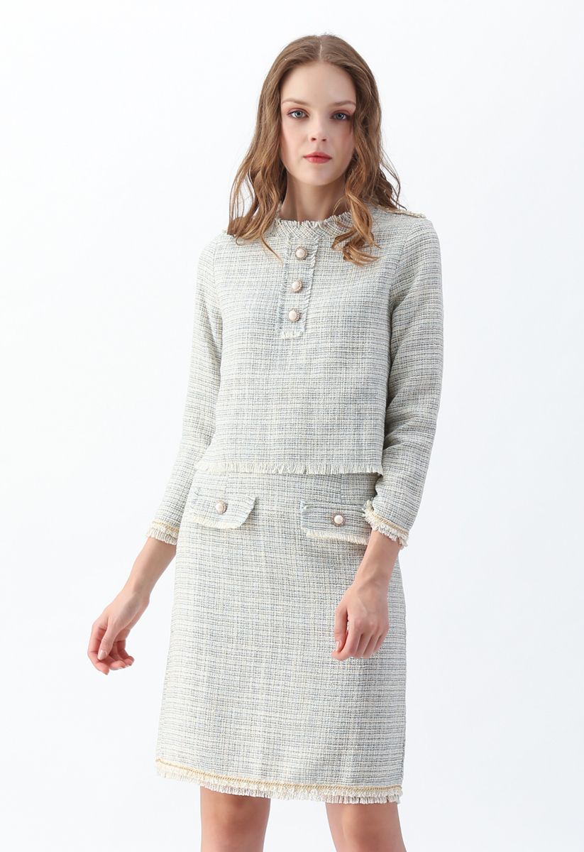 Raw Edges Tweed Top and Skirt Set in Ivory