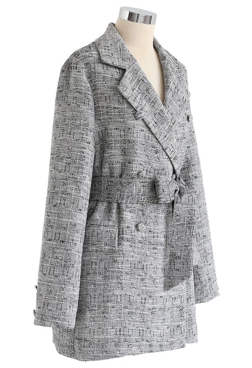 Double-Breasted Belted Tweed Blazer in Grey