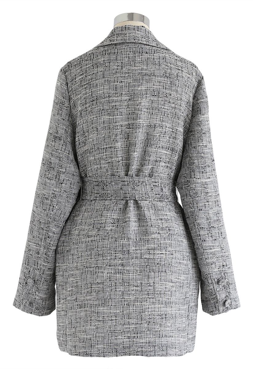 Double-Breasted Belted Tweed Blazer in Grey