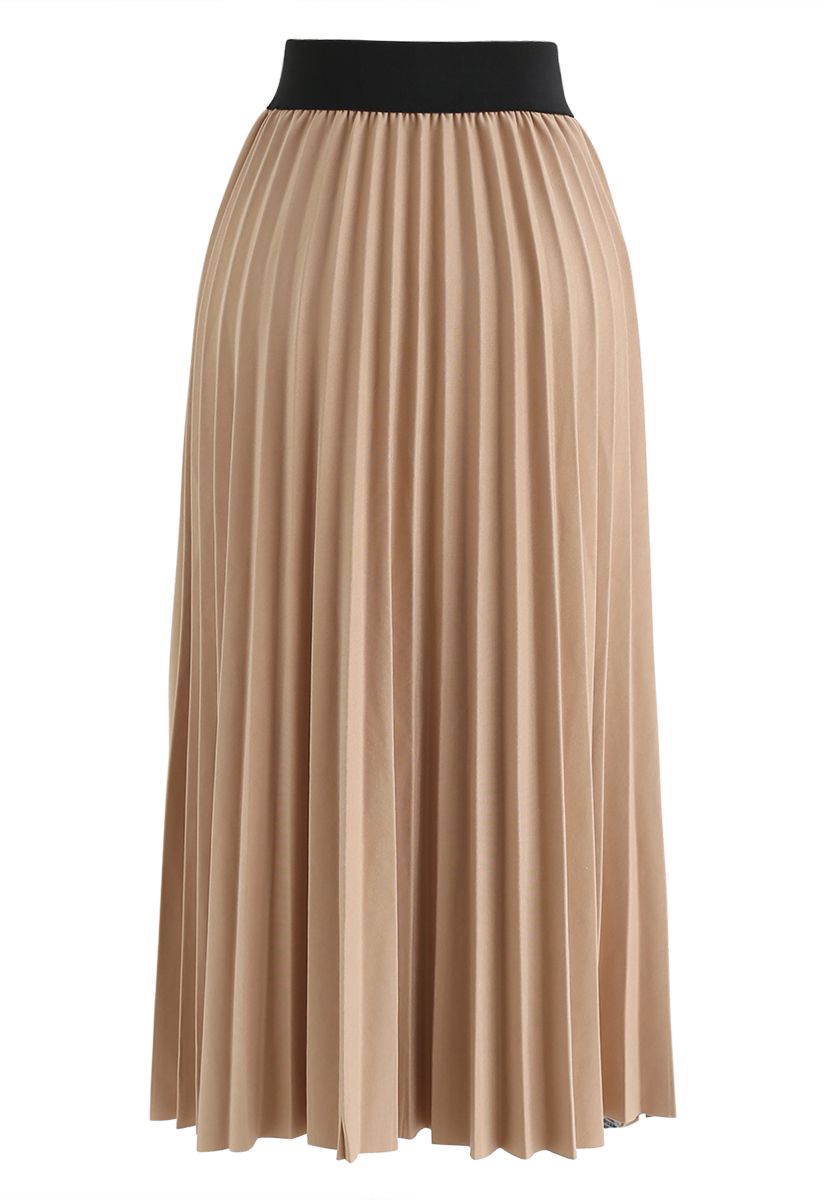 Plaid Splicing Pleated Midi Skirt in Tan