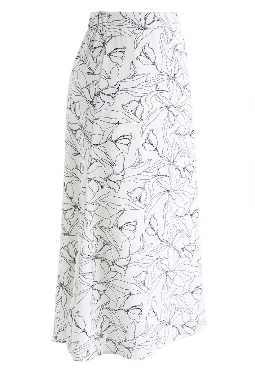 Abstract Floral Printed Midi Skirt in White 