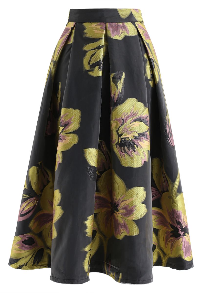 Flower Pattern Organza A-Line Midi Skirt 