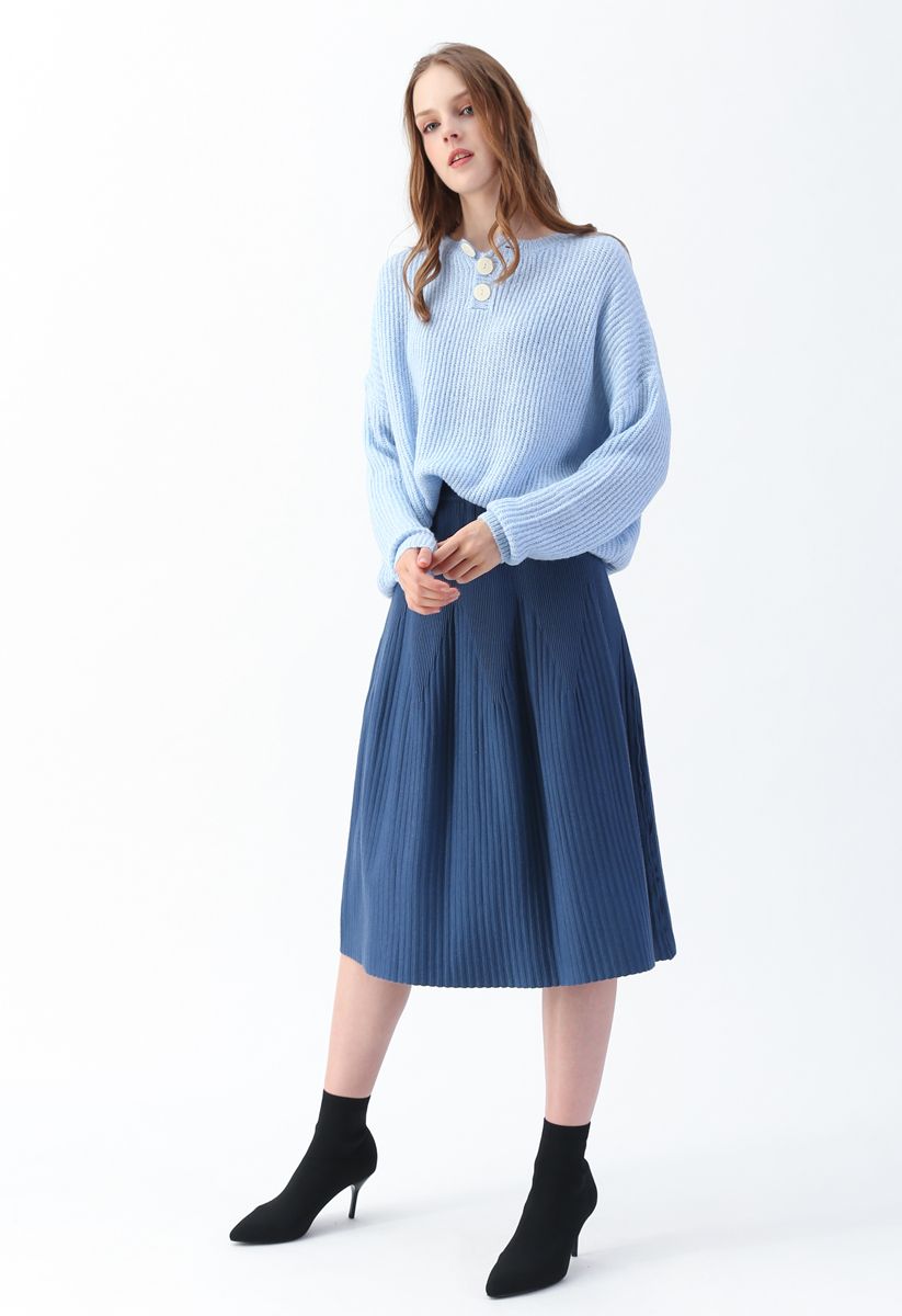 Radiant Lines Knit Midi Skirt in Dusty Blue