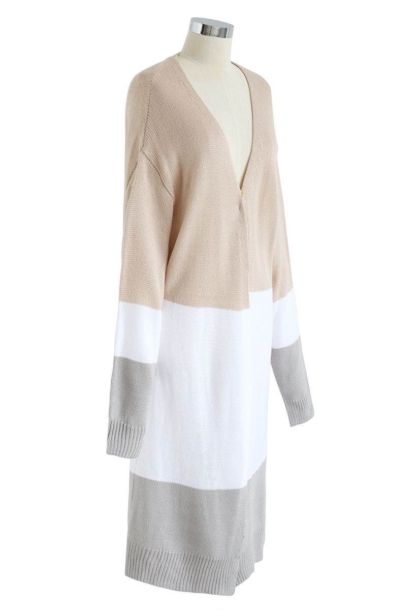 Color Blocked Longline Knit Cardigan in Light Tan