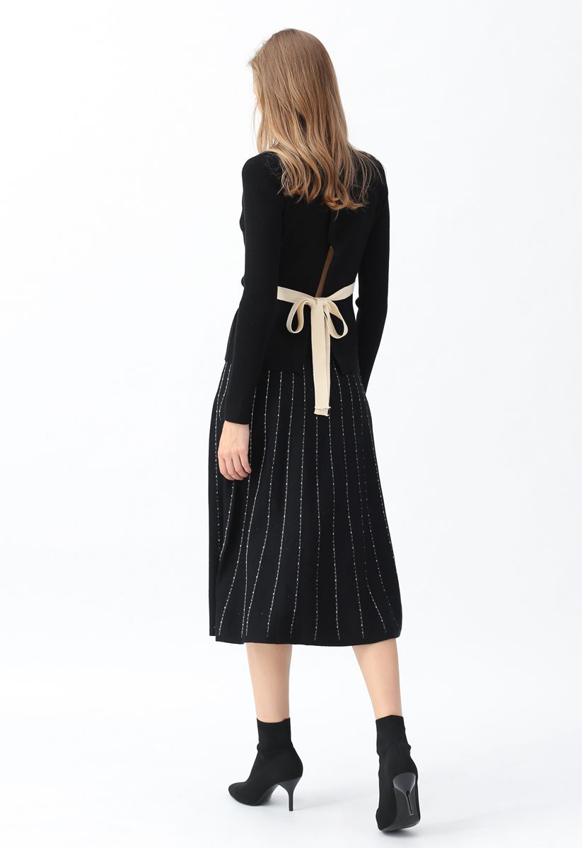 Striped Knit A-Line Midi Skirt in Black