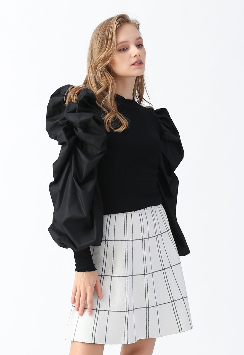 Dramatic Bubble-Sleeves Knit Top in Black