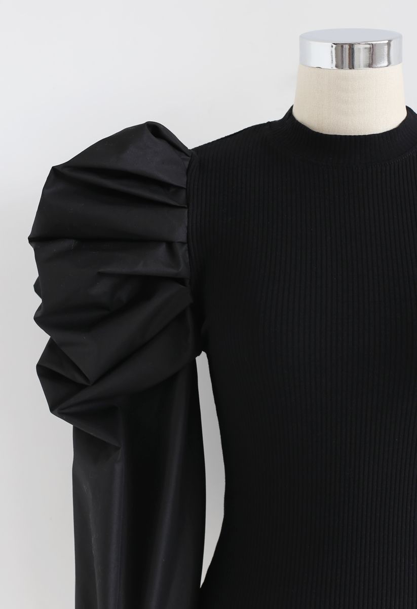 Dramatic Bubble-Sleeves Knit Top in Black