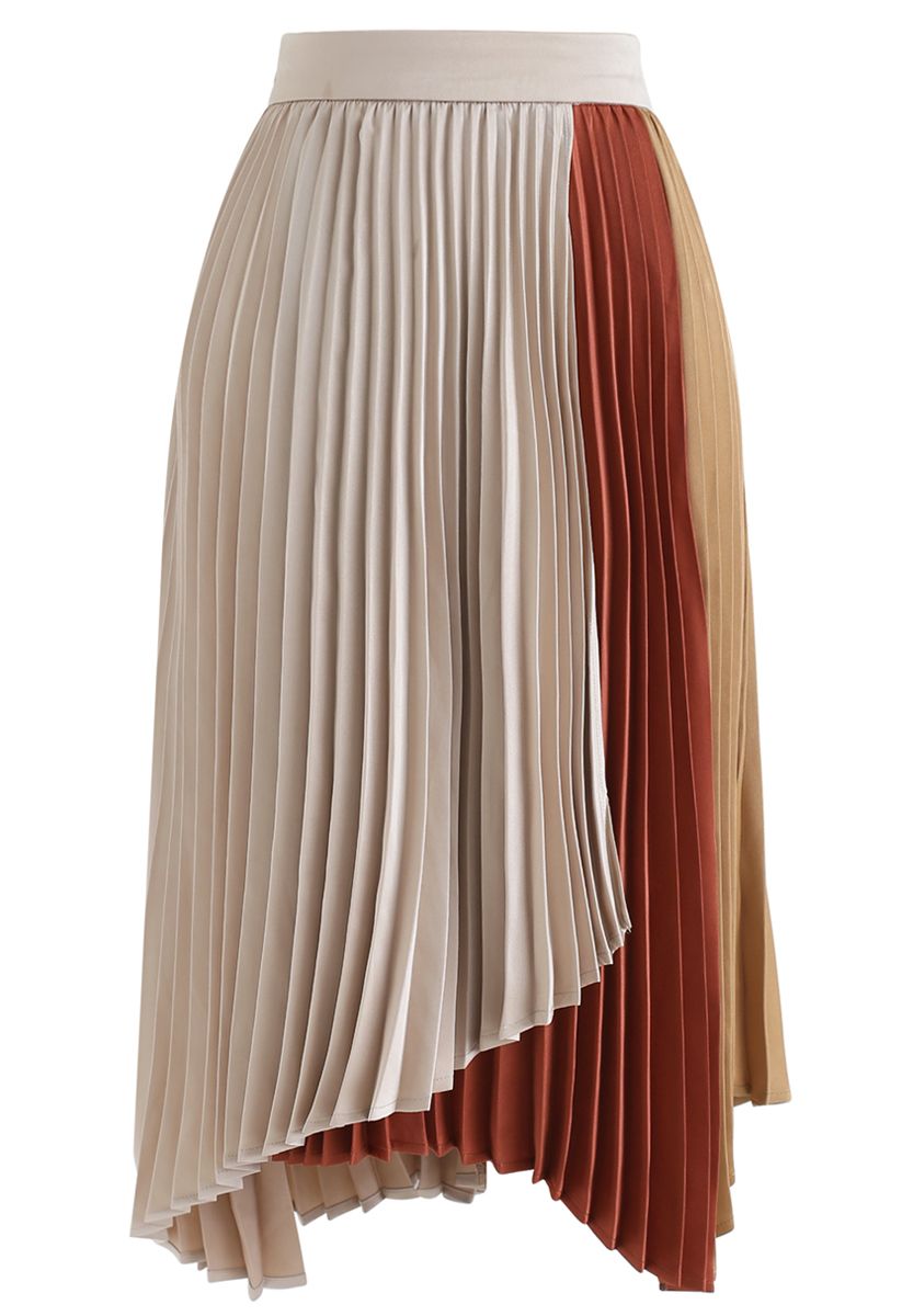 Color Blocked Satin Asymmetric Pleated Skirt