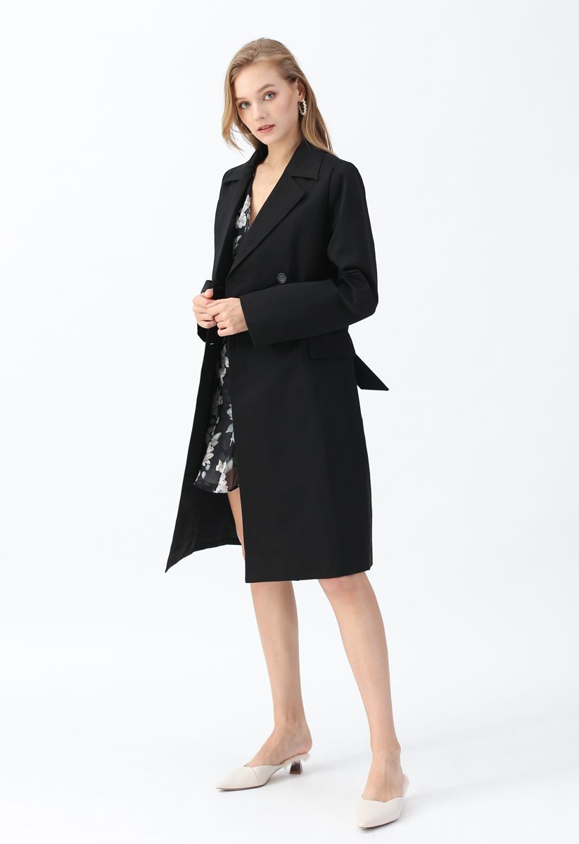 Texture Belted Double-Breasted Coat in Black