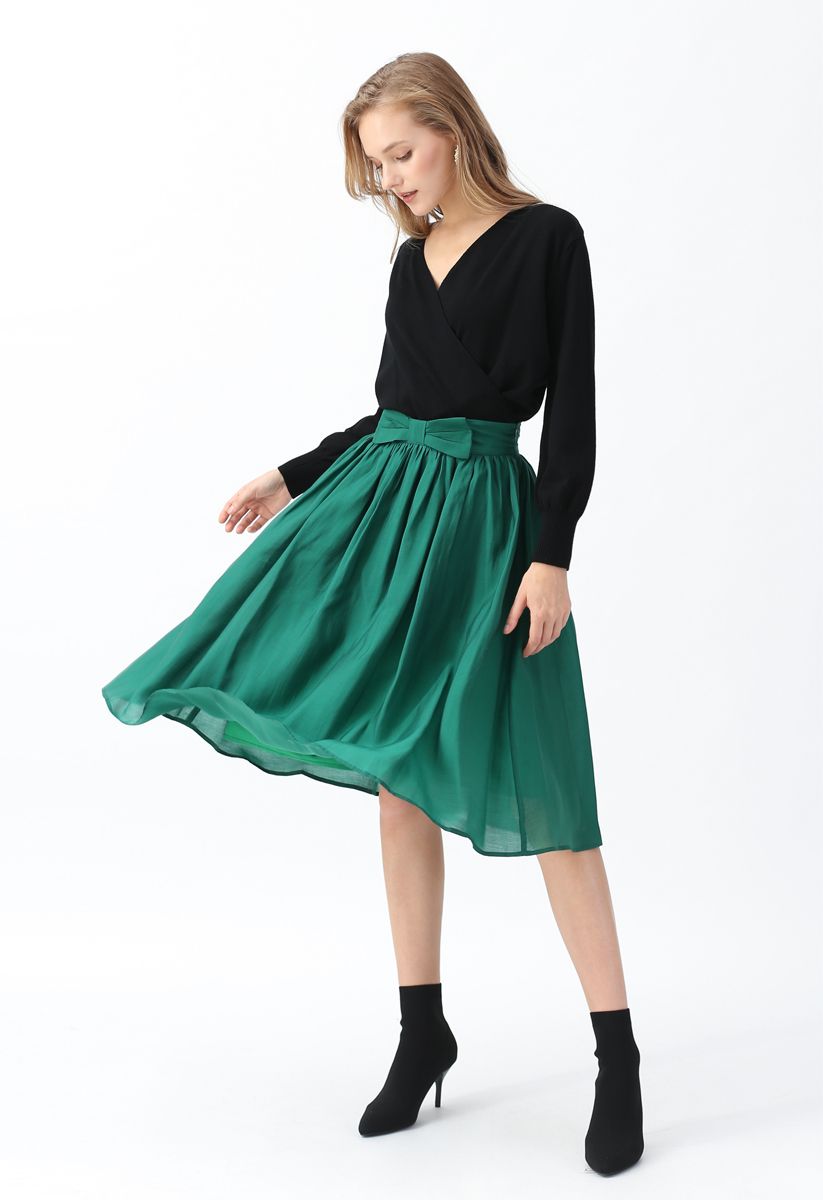 Bowknot Waist Pleated Midi Skirt in Emerald