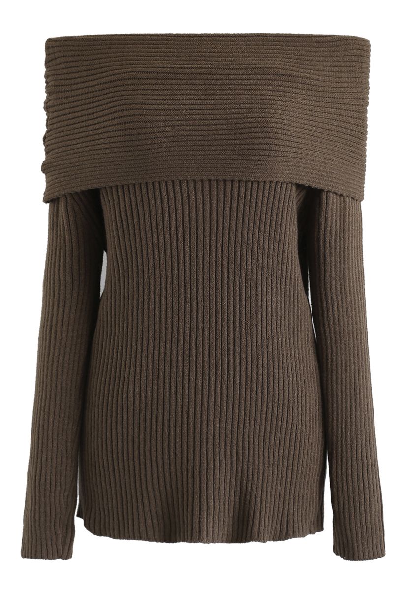 Off-Shoulder Ribbed Knit Sweater in Brown