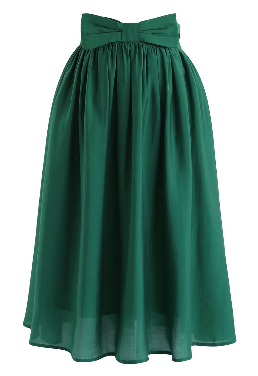 Bowknot Waist Pleated Midi Skirt in Emerald