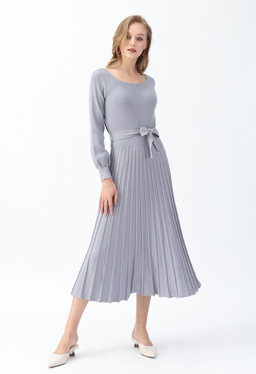 Square Neck Bowknot Pleated Knit Dress in Dusty Blue