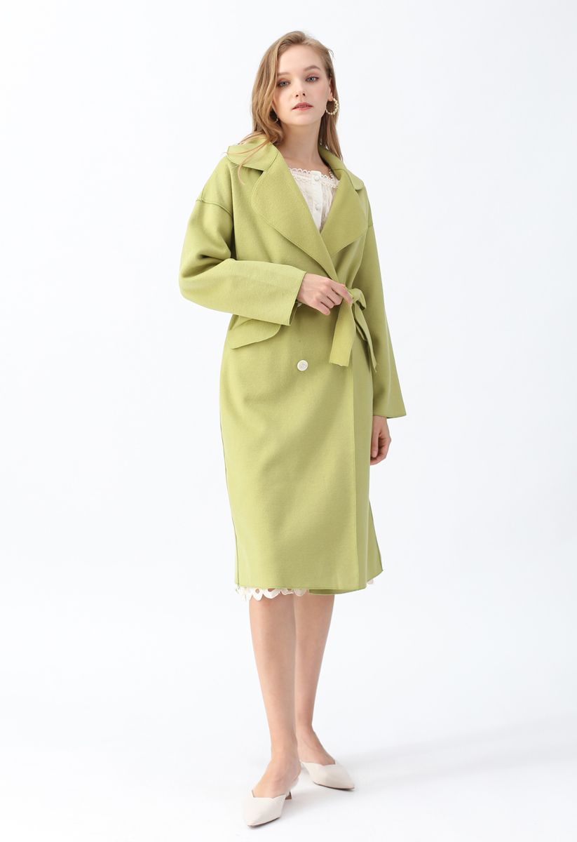 Double-Breasted Wool-Blend Belted Coat in Moss Green