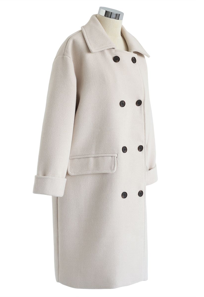 Flap Pockets Double-Breasted Wool-Blend Coat in Ivory