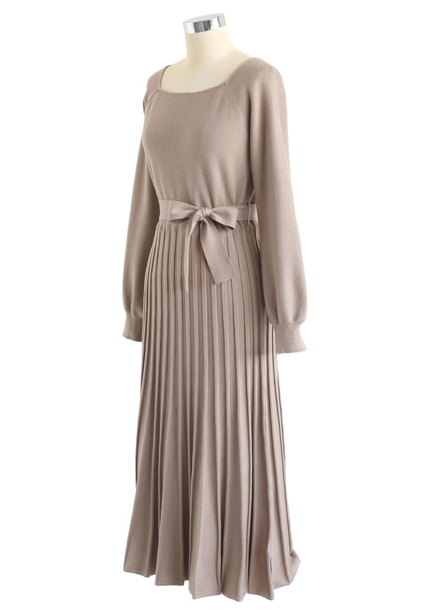 Square Neck Bowknot Pleated Knit Dress in Tan