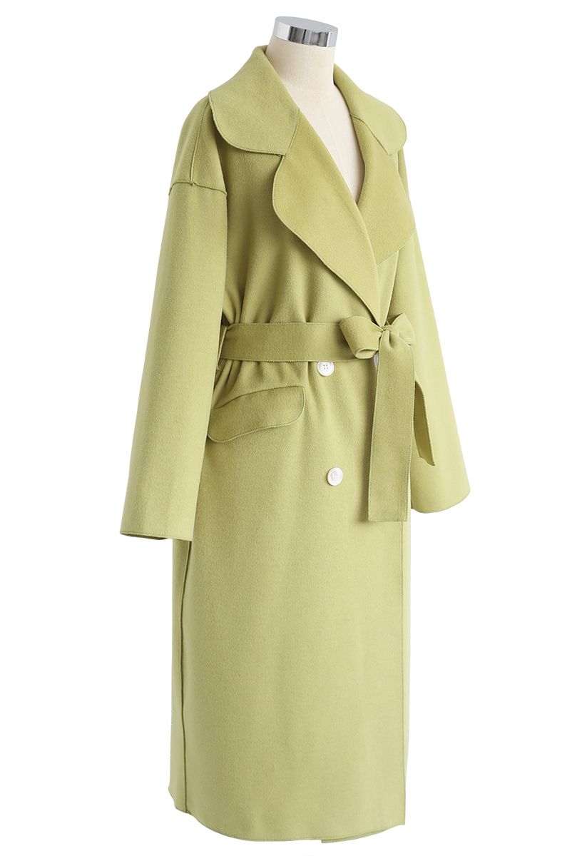 Double-Breasted Wool-Blend Belted Coat in Moss Green