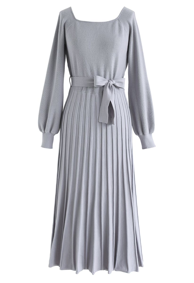 Square Neck Bowknot Pleated Knit Dress in Dusty Blue