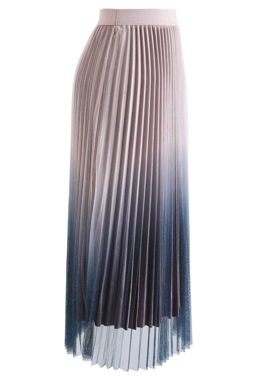 Gradient Shiny Mesh Pleated Skirt in Pink