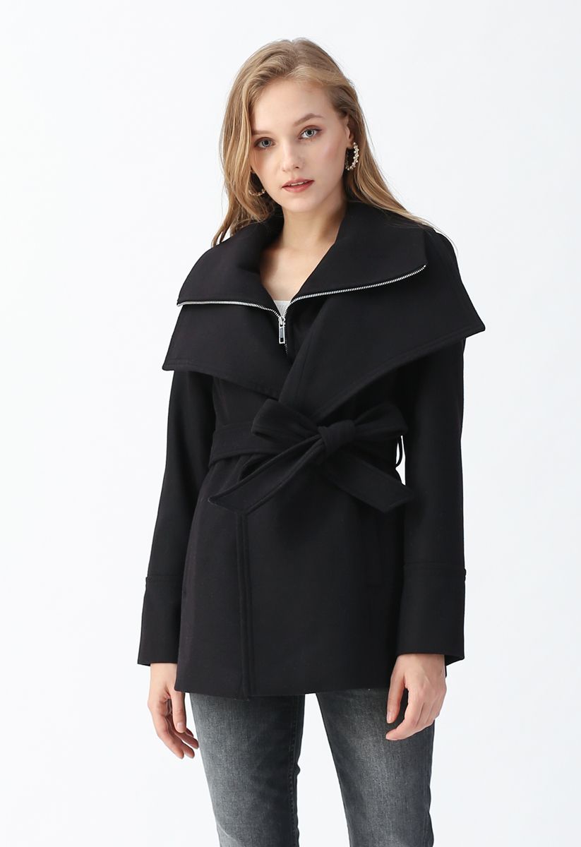 Zipper Belted Wool-Blend Coat in Black