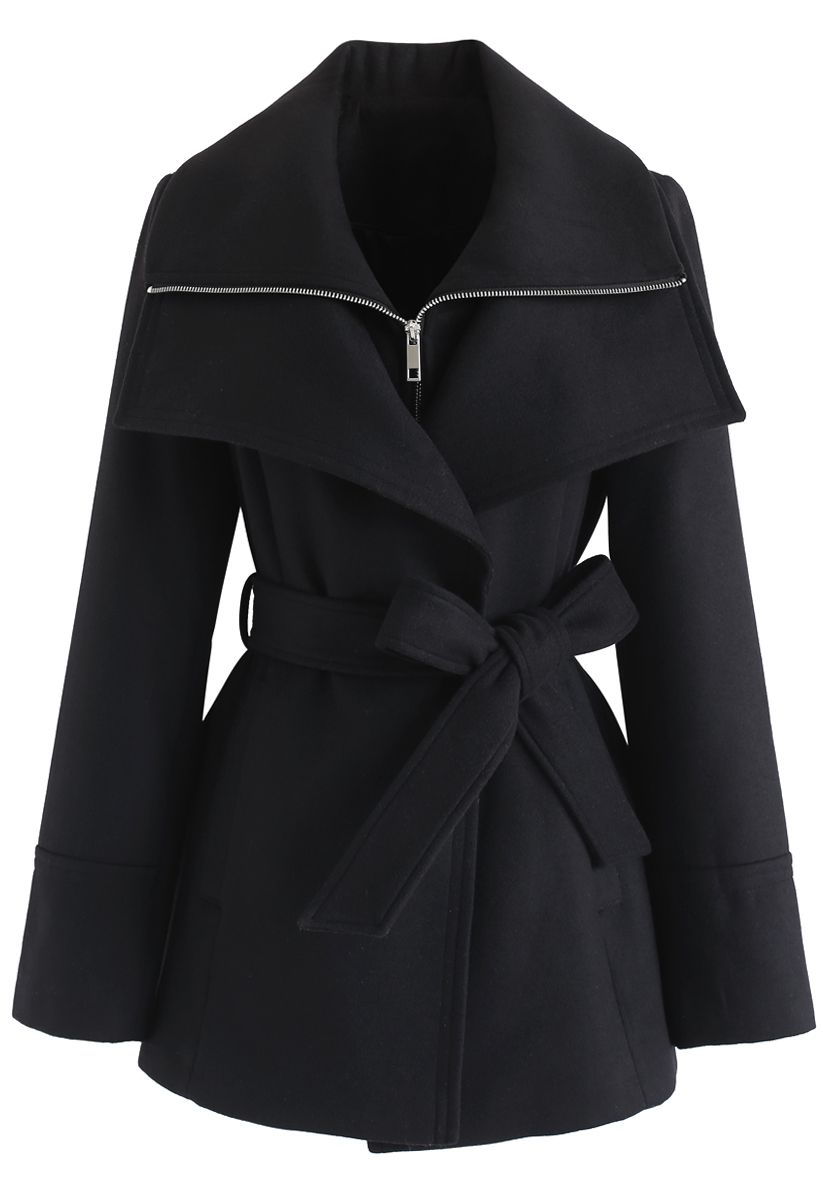 Zipper Belted Wool-Blend Coat in Black