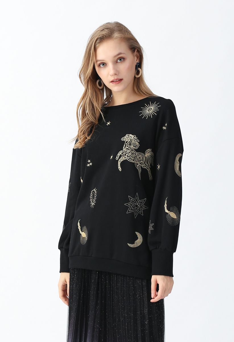 Star Sign Embroidered Pullover Sweatshirt in Black