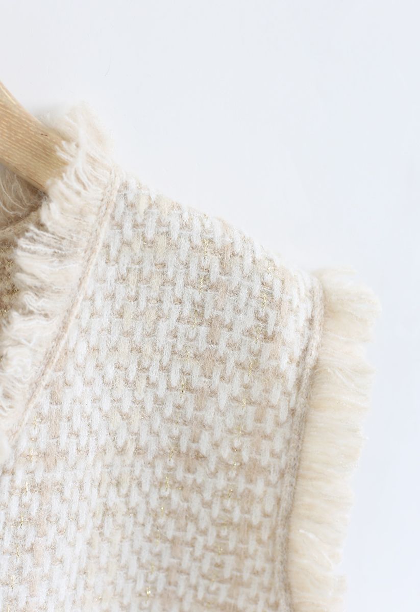 Basic Texture Raw Edge Knit Vest in Cream