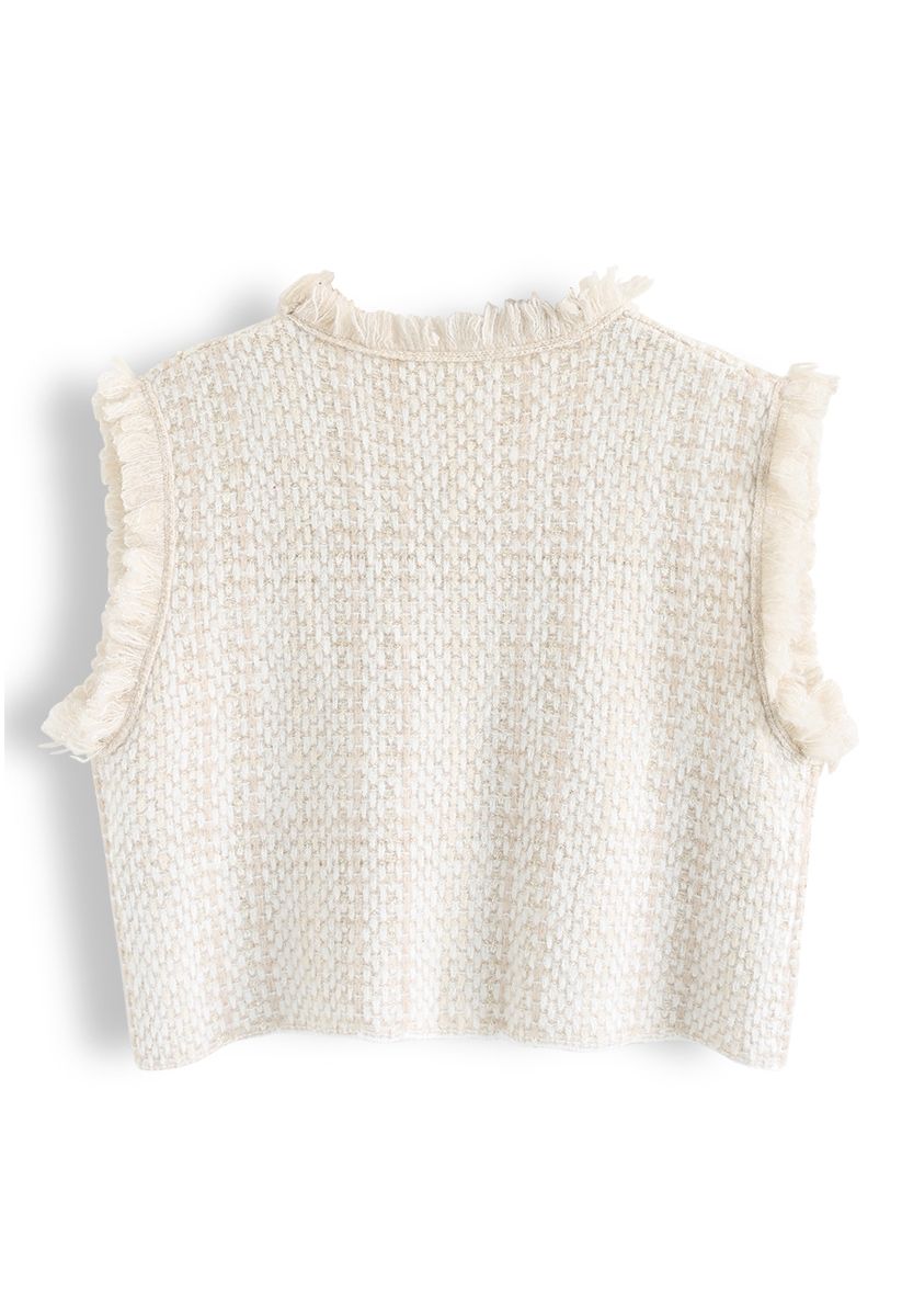 Basic Texture Raw Edge Knit Vest in Cream