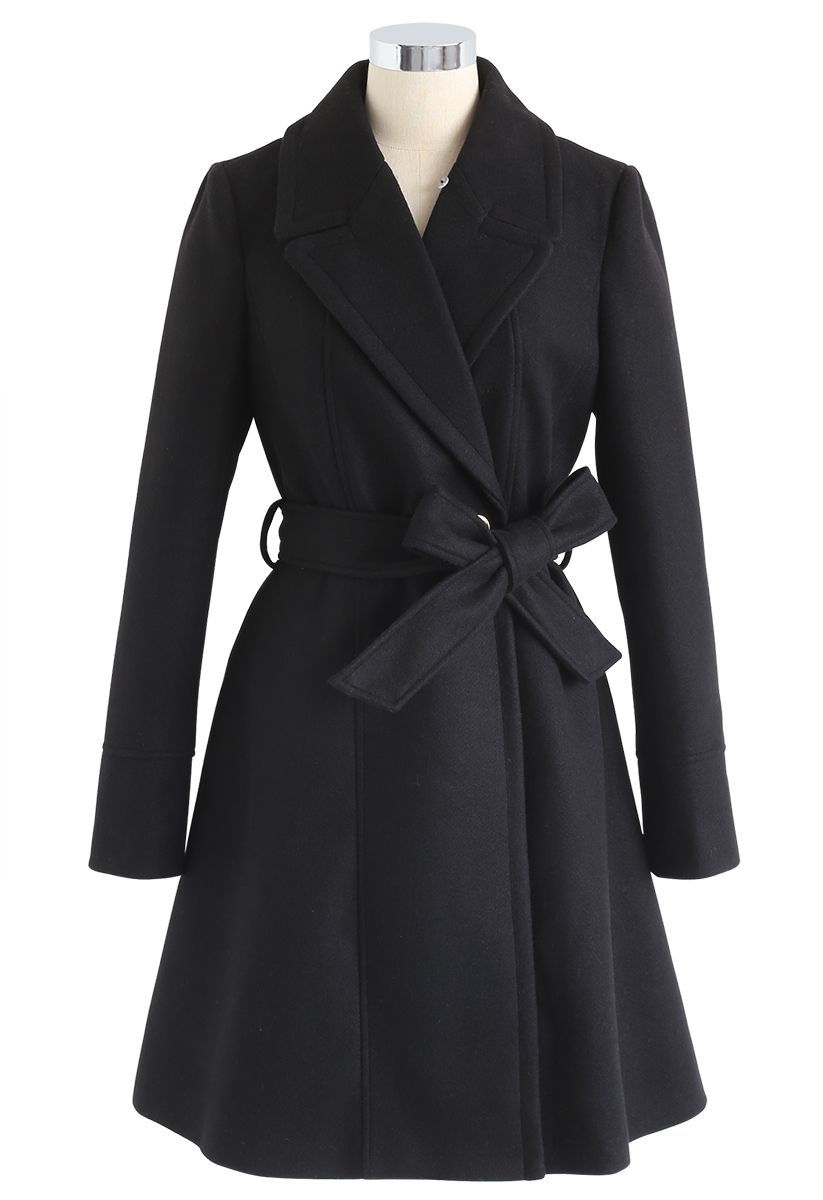 Faux Fur Collar Belted Flare Coat in Black