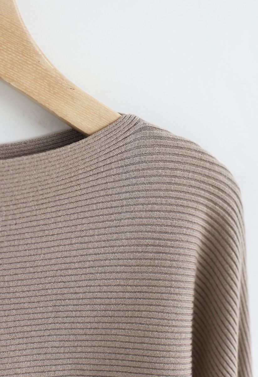 Boat Neck Batwing Sleeves Knit Top in Taupe