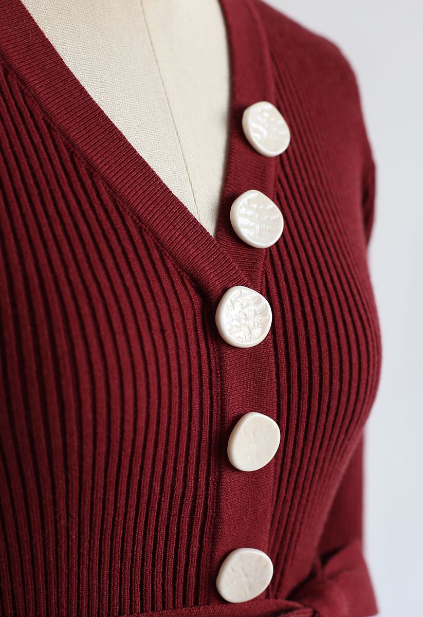 Wine V-Neck Buttoned Pleated Knit Dress