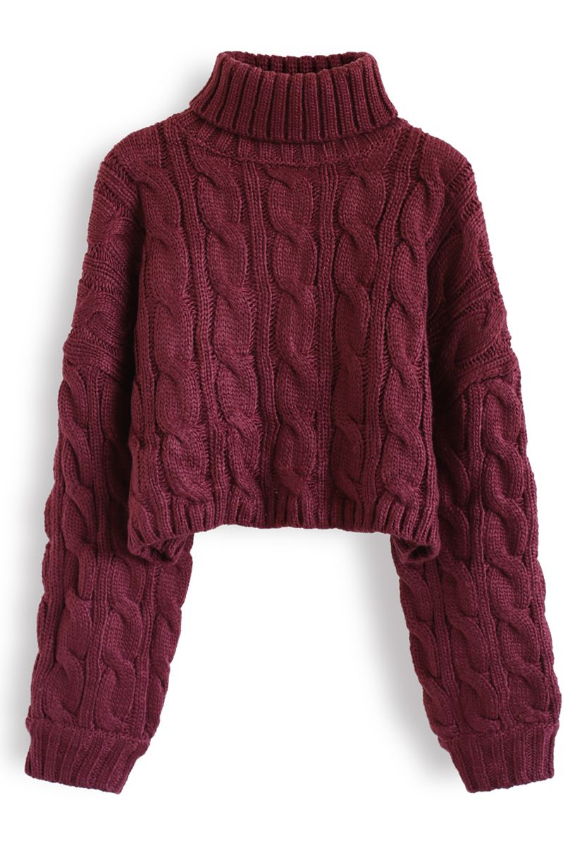 Turtleneck Braid Knit Crop Sweater in Berry