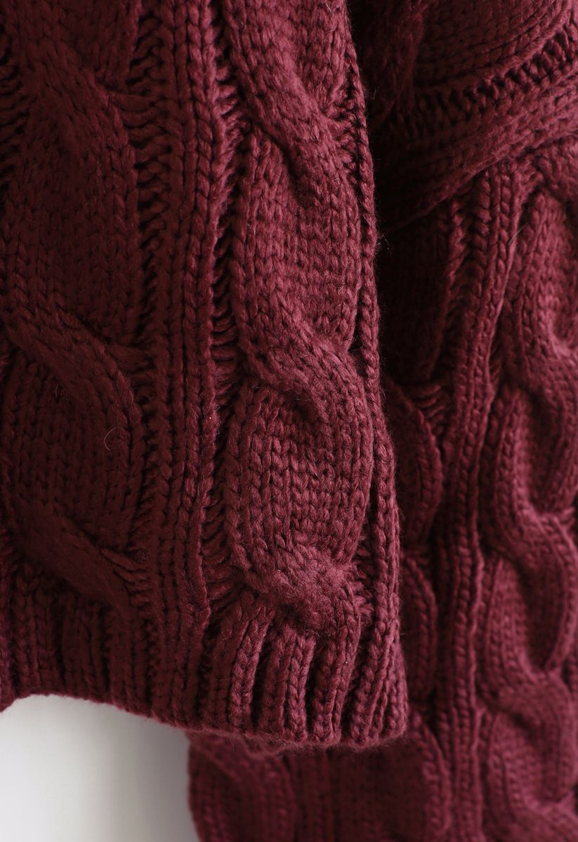 Turtleneck Braid Knit Crop Sweater in Berry