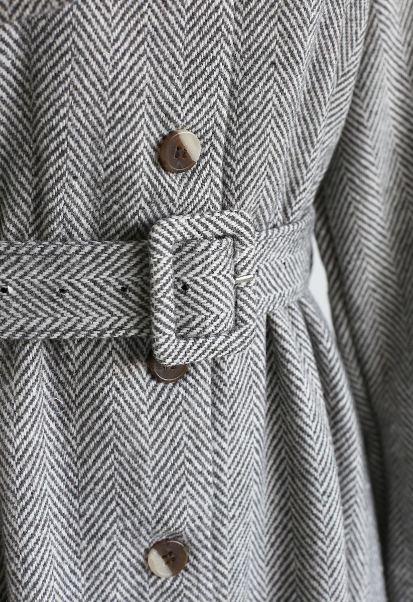 Herringbone Button Down Belted Coat Dress in Grey