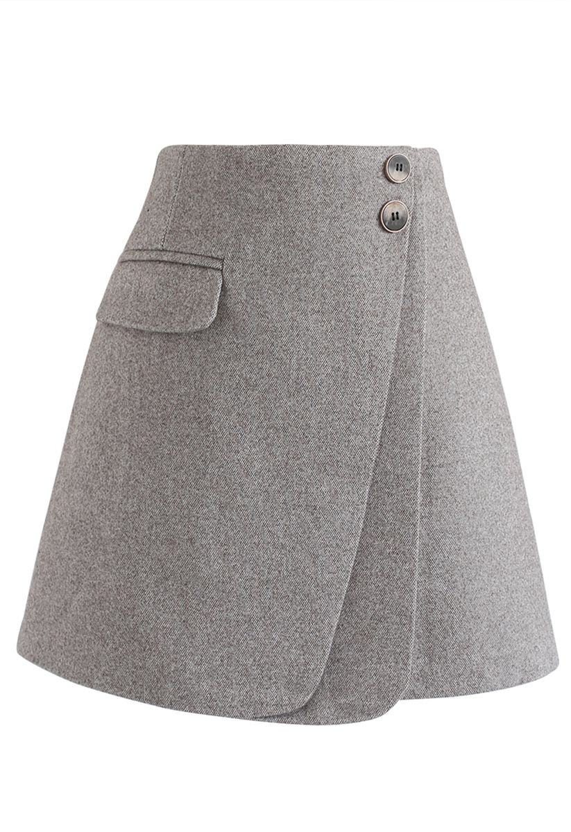 Double Flap Wool-Blend Mini Skirt in Grey