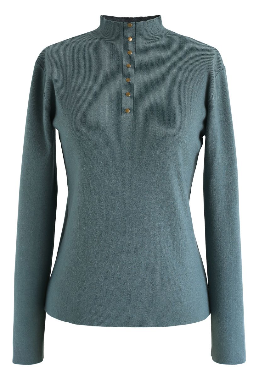Buttoned Mock Neck Fitted Knit Top in Teal