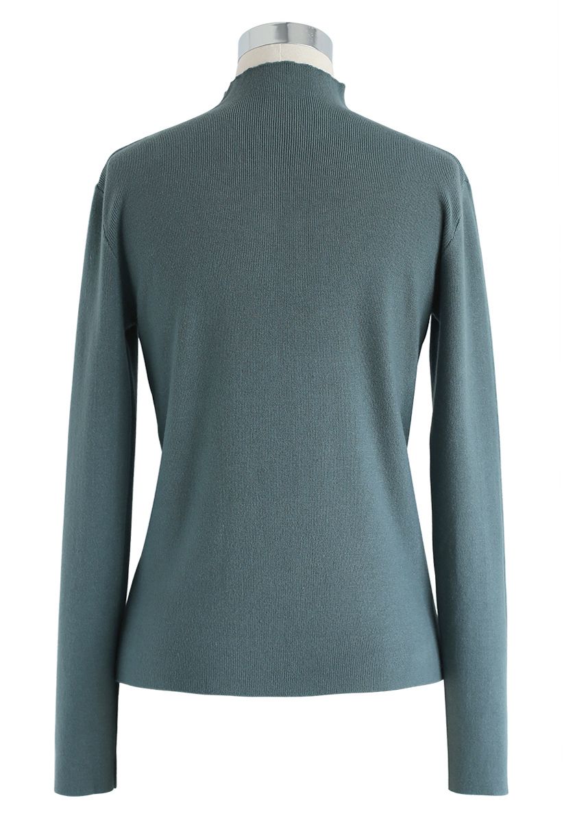 Buttoned Mock Neck Fitted Knit Top in Teal