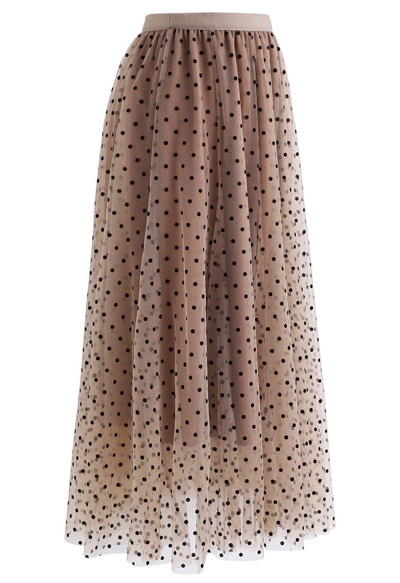 Full Polka Dots Double-Layered Mesh Tulle Skirt in Caramel