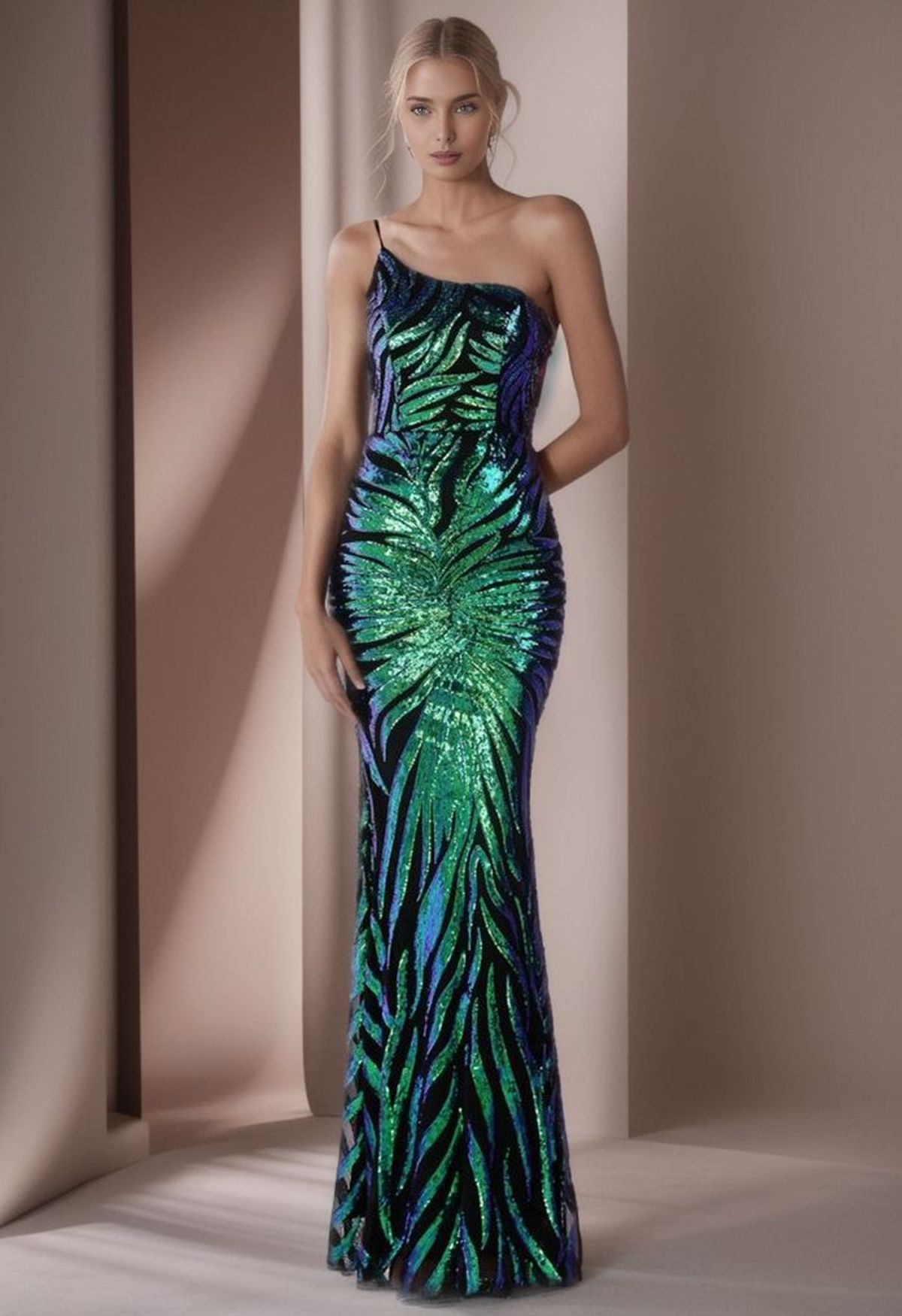 One-Shoulder Leaf Sequined Mermaid Gown in Green