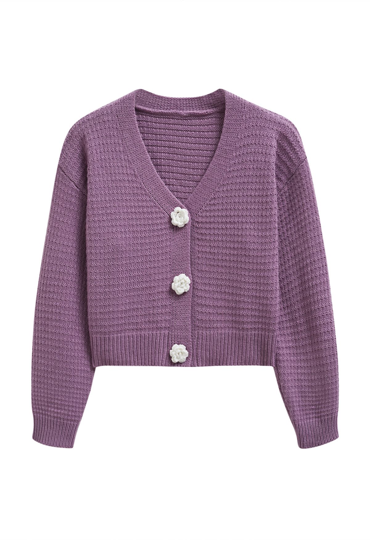 Stitch Rose Buttoned Crop Knit Cardigan in Lilac