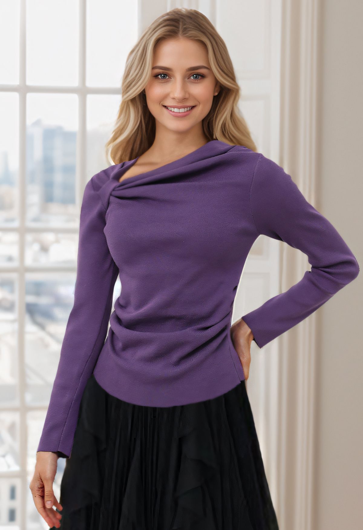 Side Knot Ruched Long-Sleeve Knit Top in Purple