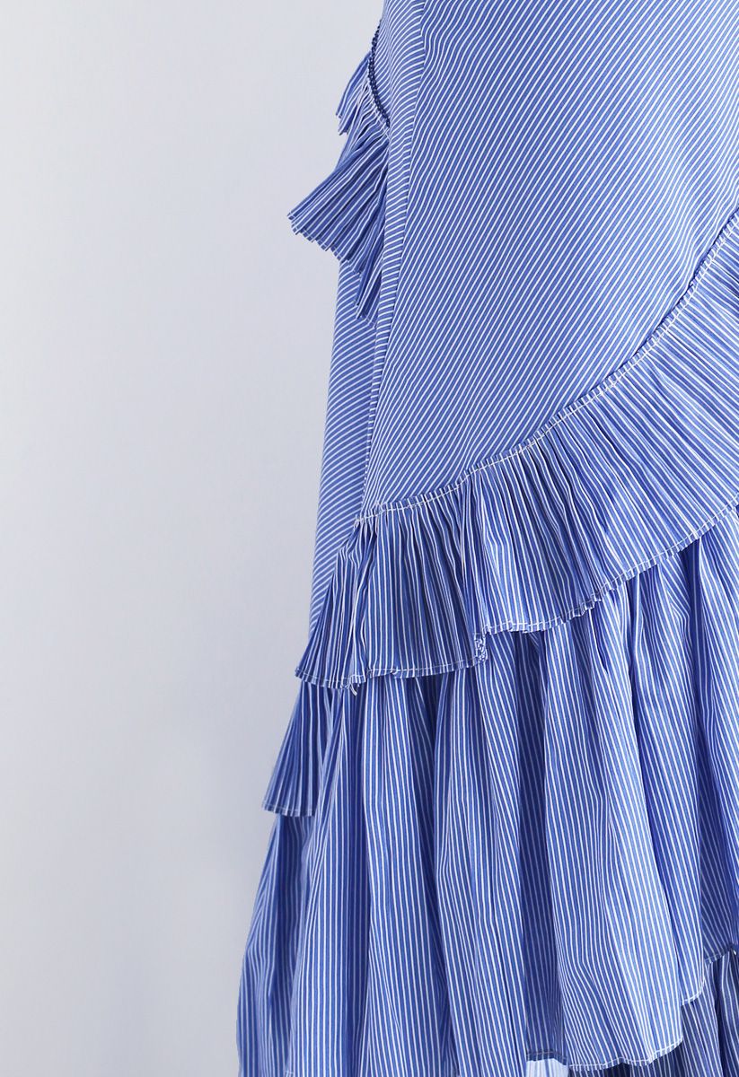 不對稱荷葉邊曡層半身裙-藍條紋