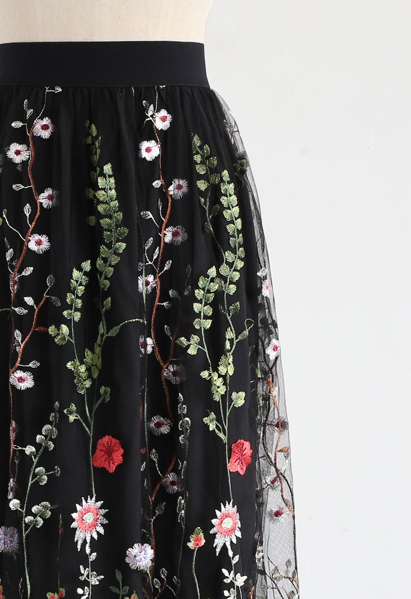 花卉刺繡網紗半身裙-黑色