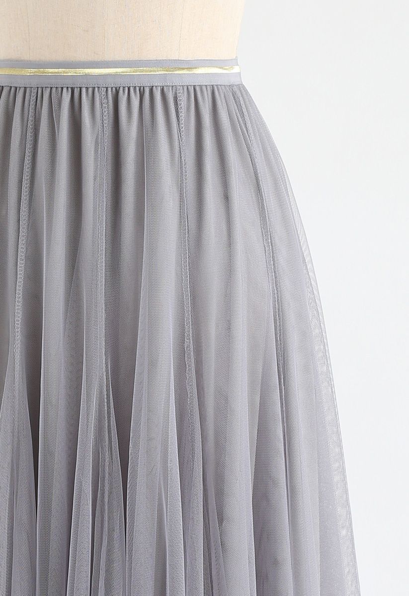 薄紗疊層中長裙- 灰色