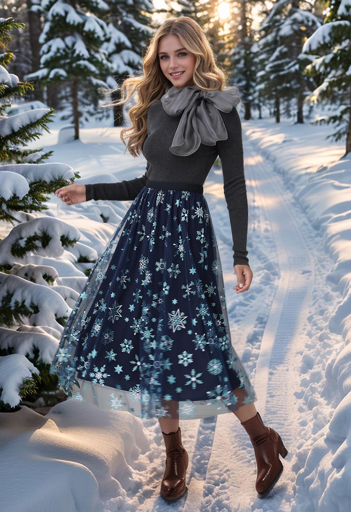 Glitter Star Snowflake Mesh Tulle Midi Skirt