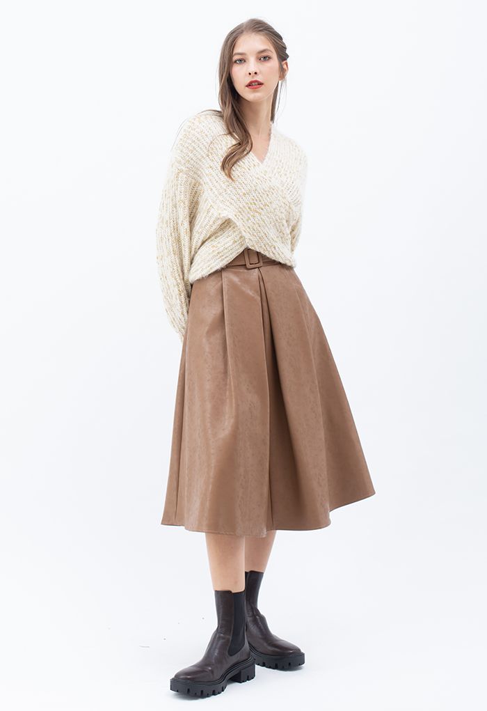 Textured Faux Leather Belted Pleated Skirt in Tan