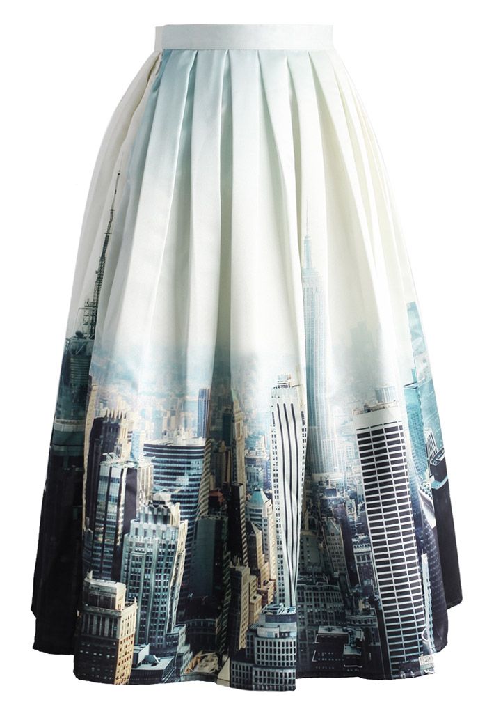紐約城市印花百褶中長裙