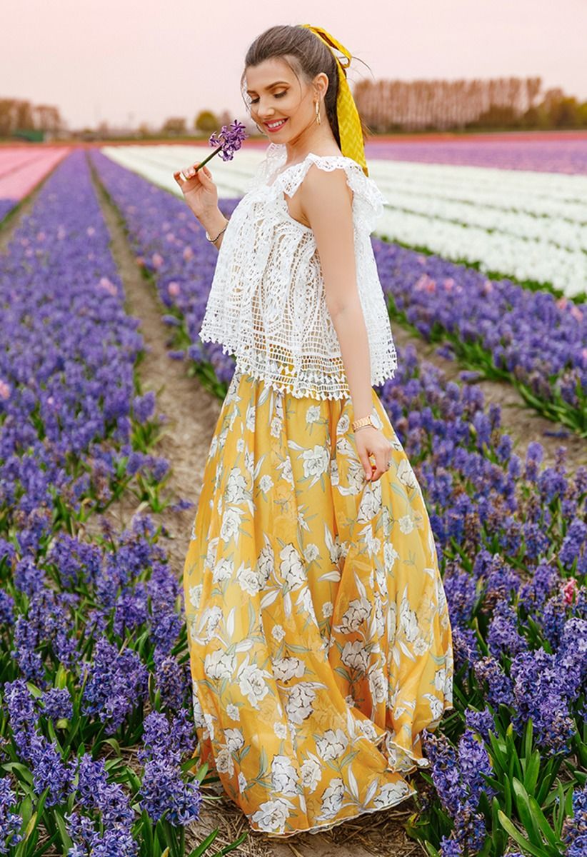花卉雪紡半身裙 - 黃色
